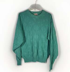 Vintage The Fox Collection Mens L Green Cotton Knit Sweater 80s Preppy Pullover